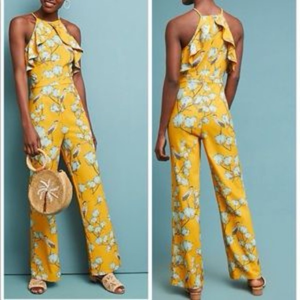 Anthropologie Yellow Floral Halter Ruffled Jumpsuit 10